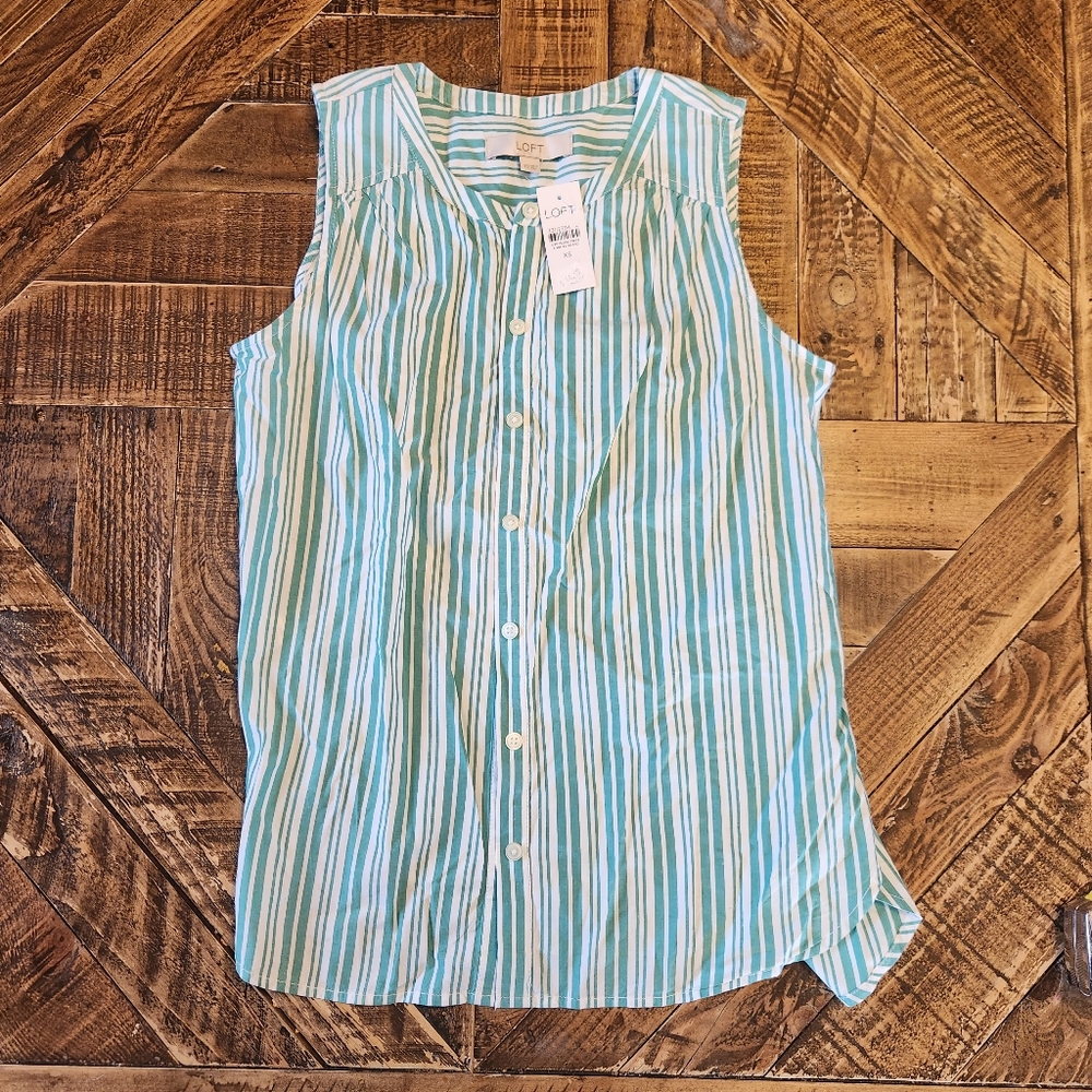 LOFT Green Sleeveless Striped Shirt Button Down Size XS NWT